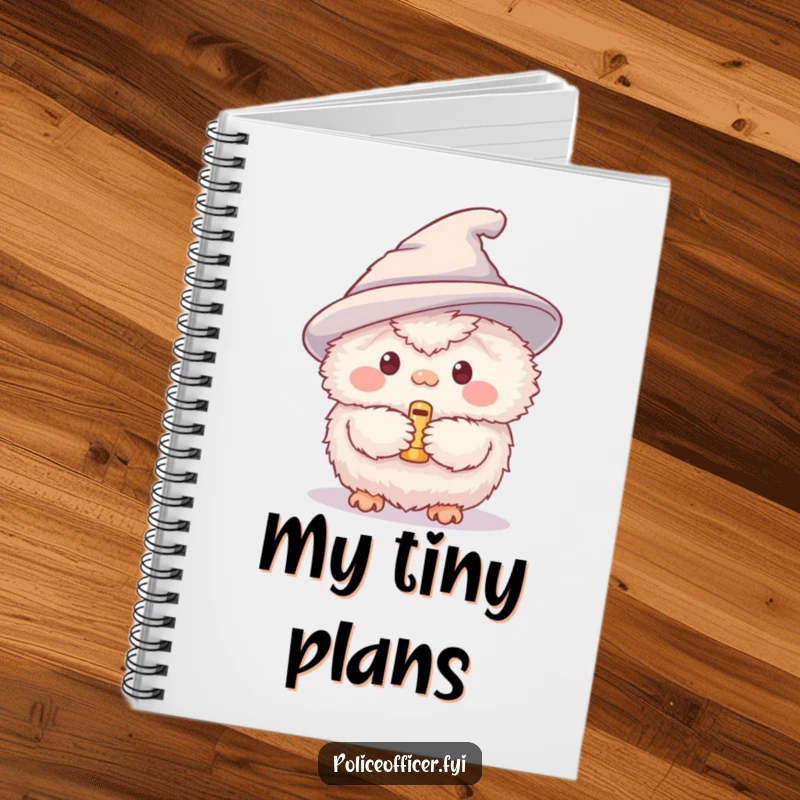Funny notebook cover with a fluffy creature holding a tiny whistle, encouraging creative thoughts and humorous notes.