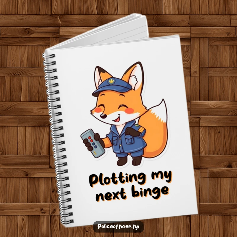 Funny Fox Notebook: Smiling uniformed fox holding a remote, designed for jotting down ideas with a humorous, tech-savvy flair.