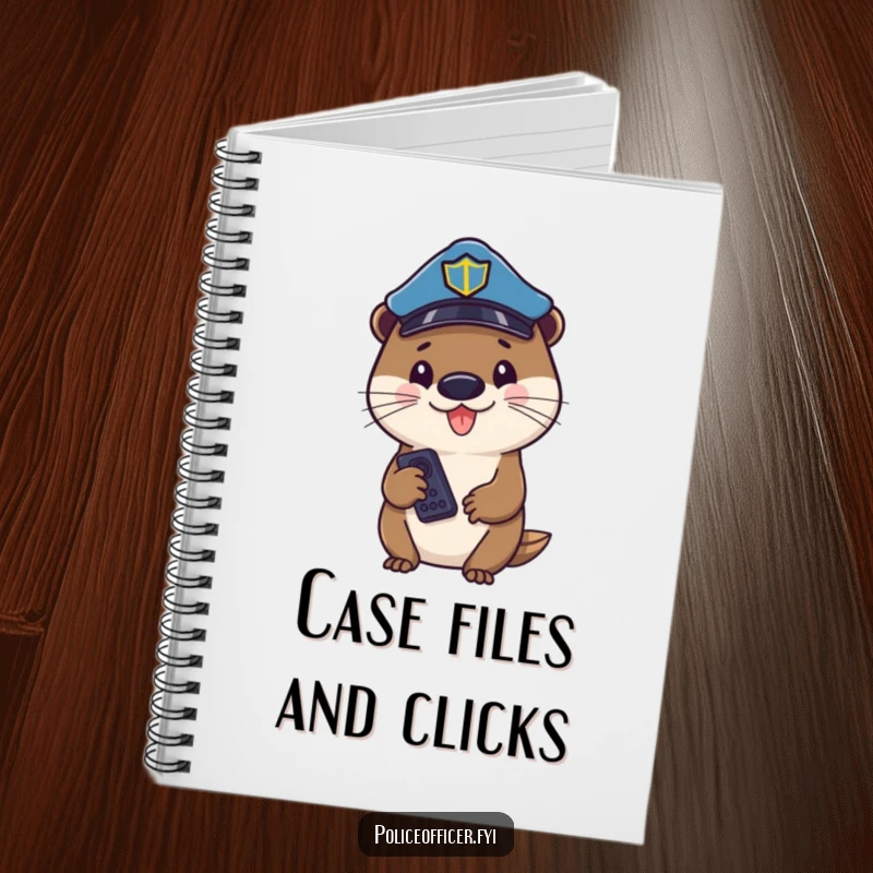 Funny otter police officer in a hat, holding a remote, looking cheerful on the cover of a notebook.