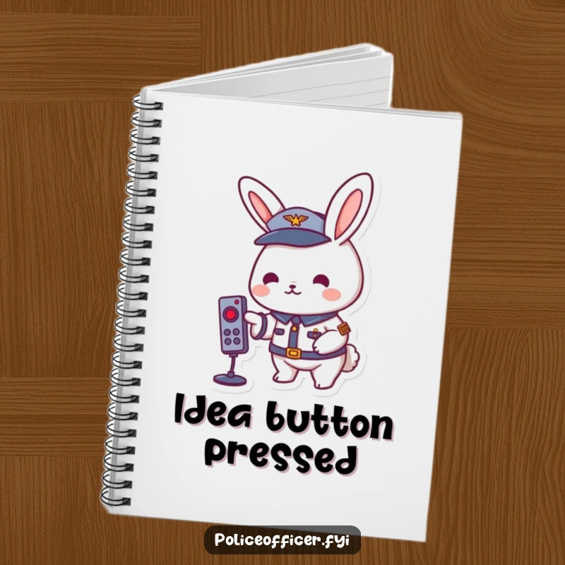 Playful rabbit in a uniform pressing a remote button, on the cover of a funny notebook.