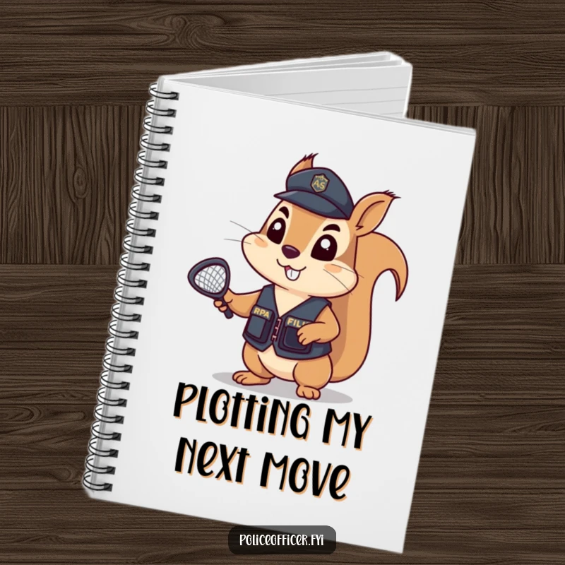 Funny Notebook with a determined squirrel in a tiny police vest, holding a tiny net aloft, ready to capture every important note.