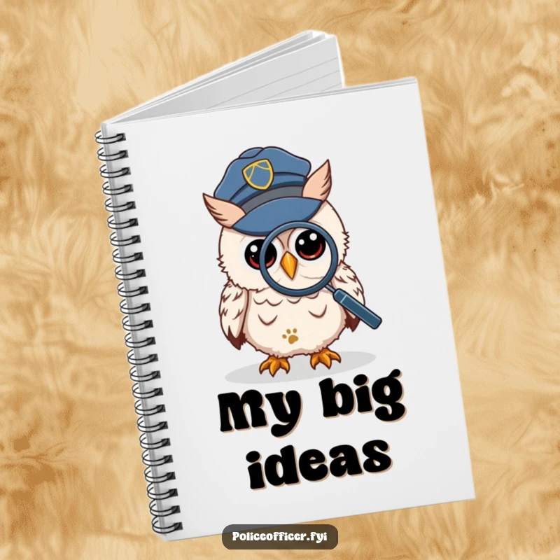 Funny Notebook with a wise owl in a police cap, peering through a magnifying glass at a tiny footprint, capturing every clue.