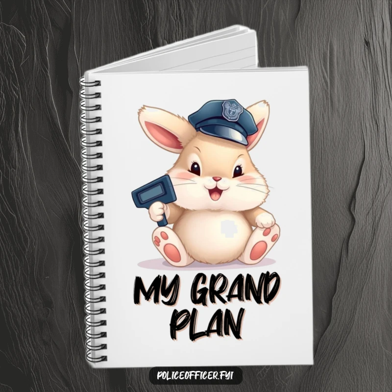 Funny Bunny Cop Notebook featuring a fluffy bunny in a police hat happily directing traffic with large paws, perfect for writing and cute humor.