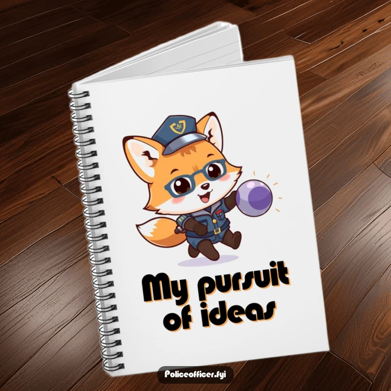 Funny notebook cover with a fox cub police officer chasing a bouncing ball. Ideal for jotting down playful notes.