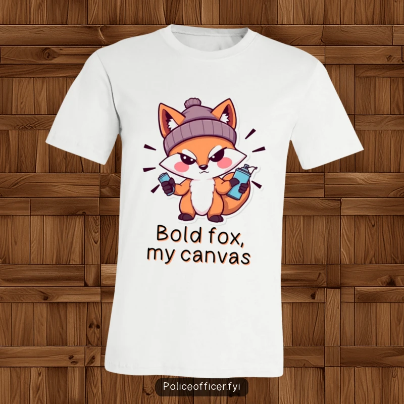 Funny Fox T-Shirt showcasing a bold fox in a beanie with a sneer, holding a spray can, perfect for street art enthusiasts and rebels.