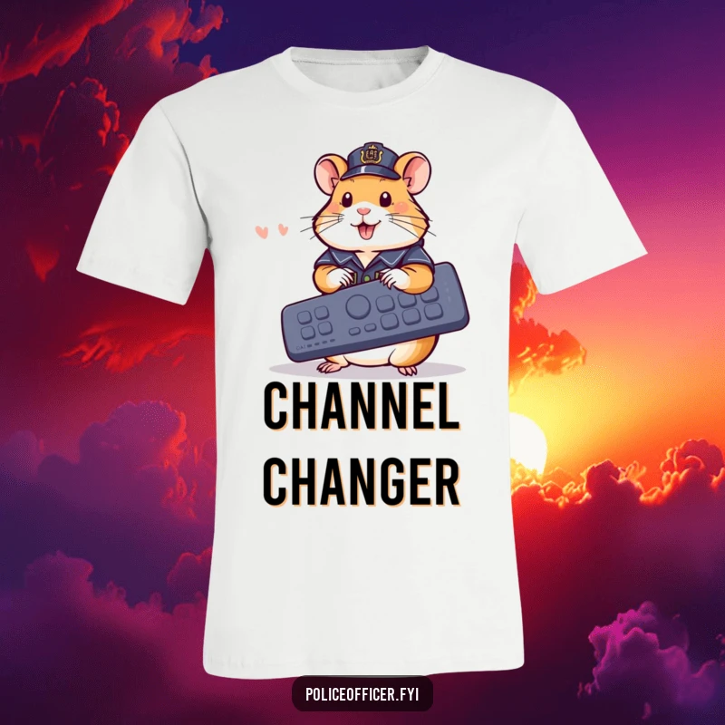 Funny T-Shirt: Cheerful hamster in police uniform operates a giant remote, a funny gift.