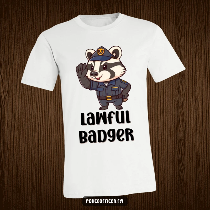 Funny T-Shirt featuring a determined badger police officer saluting with a proud smile, symbolizing authority and humor.
