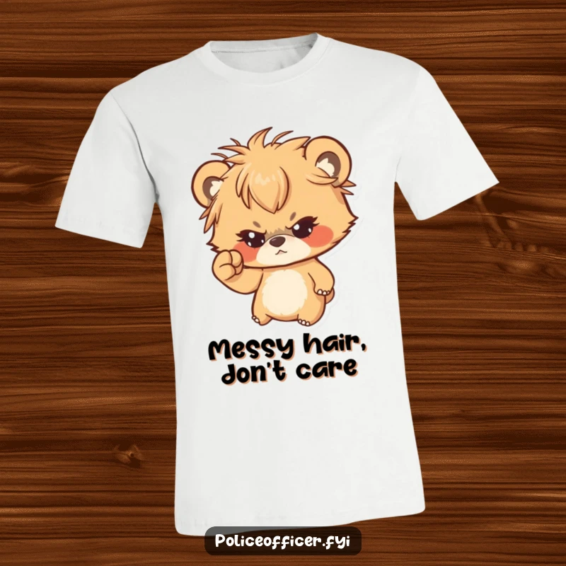 Funny t-shirt of a determined bear cub with messy hair shaking a tiny fist, radiating adorable grit and humor.