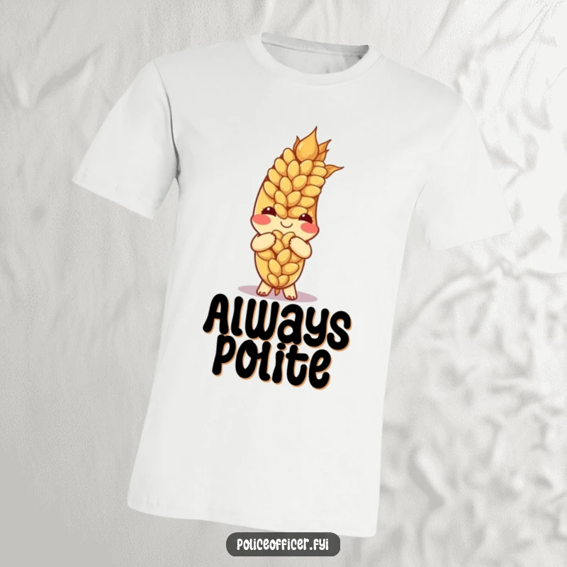 Funny ear of wheat character bowing courteously on a t-shirt, radiating warmth and politeness.