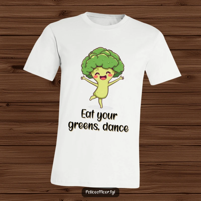 Funny T-Shirt: A smiling broccoli head in mid-pirouette, looking joyful and full of healthy, active energy.