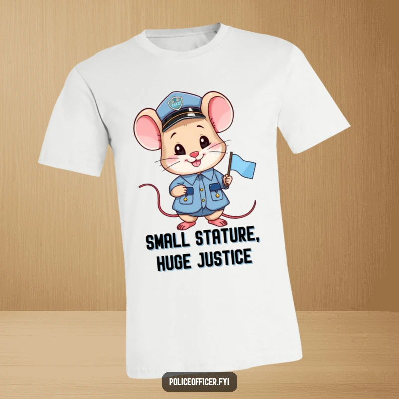 Funny smiling mouse police officer t-shirt, bravely holding a mini flag, showcasing pride and humor.