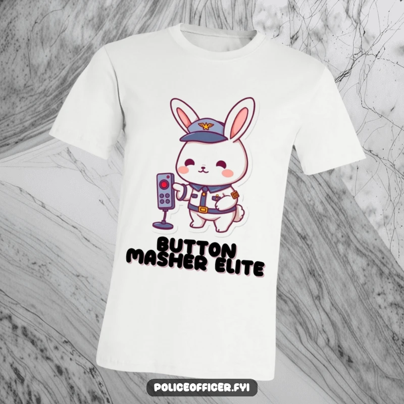 Playful rabbit in a uniform happily pressing a remote button, printed on a soft funny t-shirt.