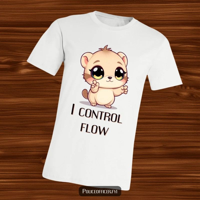 Funny t-shirt featuring a small creature with large eyes directing traffic with adorable tiny paw gestures, full of playful command.
