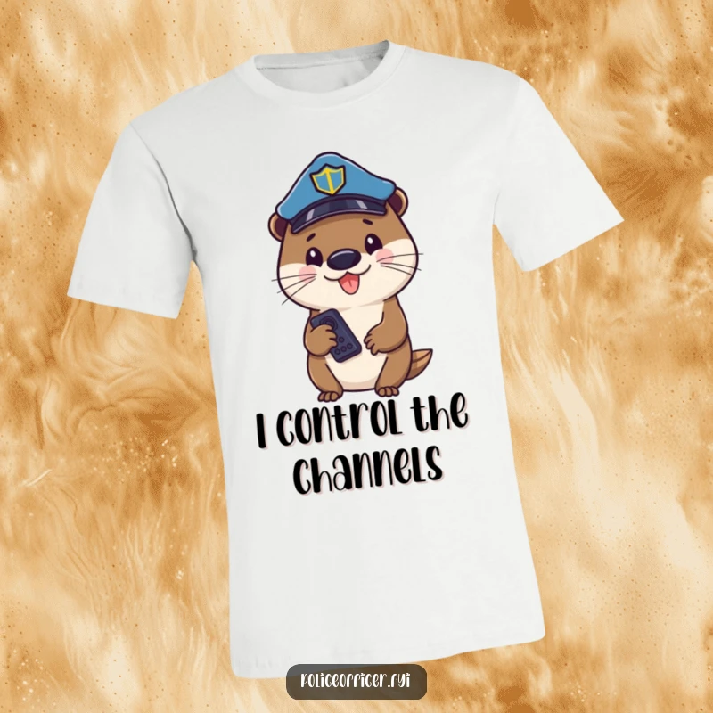 Funny otter police officer in a hat, holding a TV remote, looking cheerful and ready to take charge.