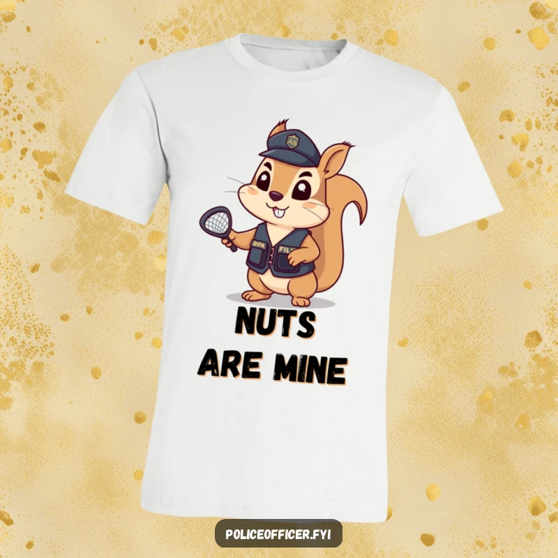 Funny T-Shirt featuring a determined squirrel in a tiny police vest, holding a tiny net aloft, ready to catch the culprits.