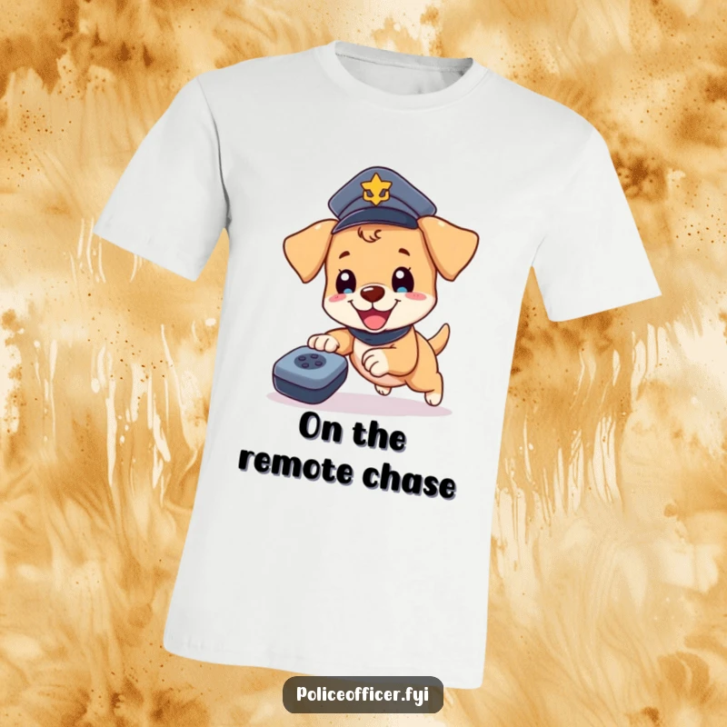 Funny Puppy Cop T-Shirt: Adorable puppy in police hat hilariously chasing a rolling remote control, full of playful action.