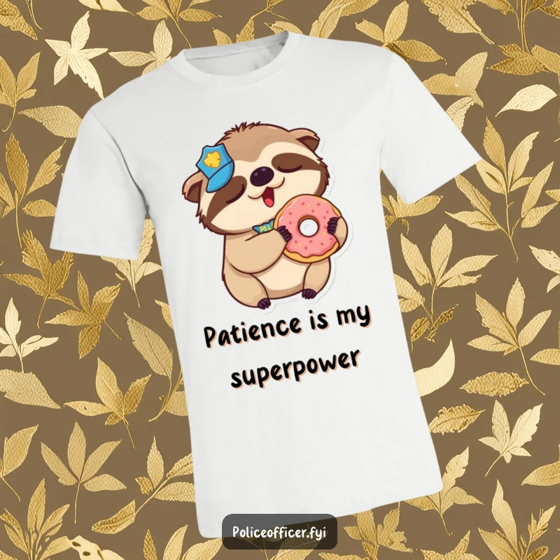 Funny Sloth Police T-Shirt: Features a sleepy sloth in a police uniform yawning with a donut in paw.