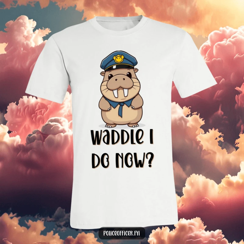 Funny t-shirt featuring a wobbly walrus police officer in uniform, tipping his hat with a wide, contagious smile.
