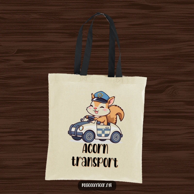 Funny Tote Bag featuring a giggling squirrel in a police hat riding a toy police car, ideal for playful errands.
