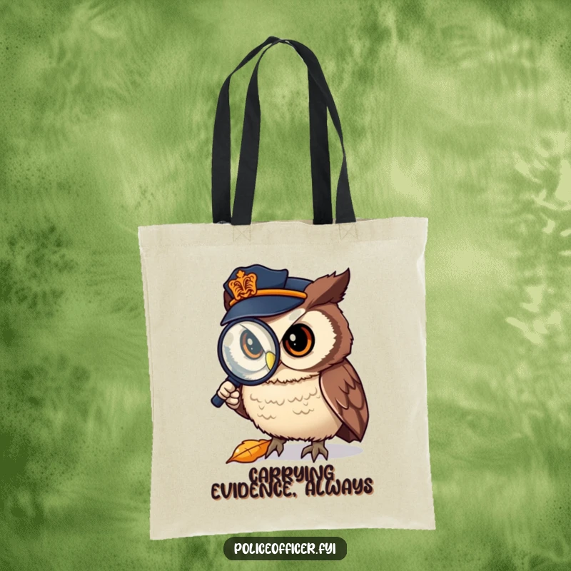 Funny Tote Bag: Owl police officer examining a leaf with a magnifying glass, a humorous accessory for case files.