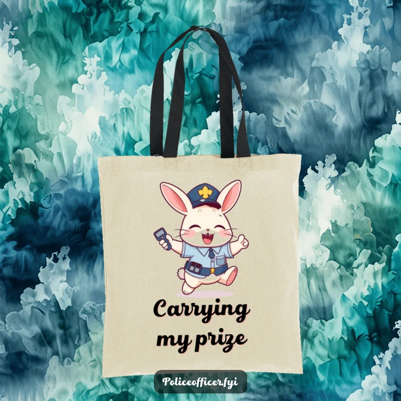 Funny Tote Bag: Mischievous bunny in police uniform jumps with joy holding a remote, a practical funny gift.