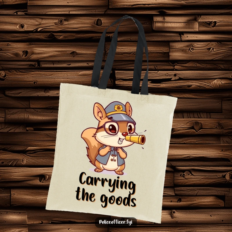 Funny tote bag with a small, energetic squirrel police officer blowing a whistle, ready for action and fun.