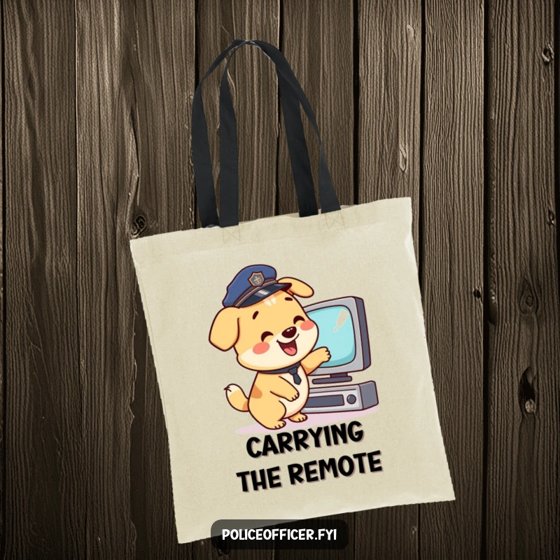 Funny Tote Bag: Happy dog in police hat points at TV, tail wagging, a practical funny gift.