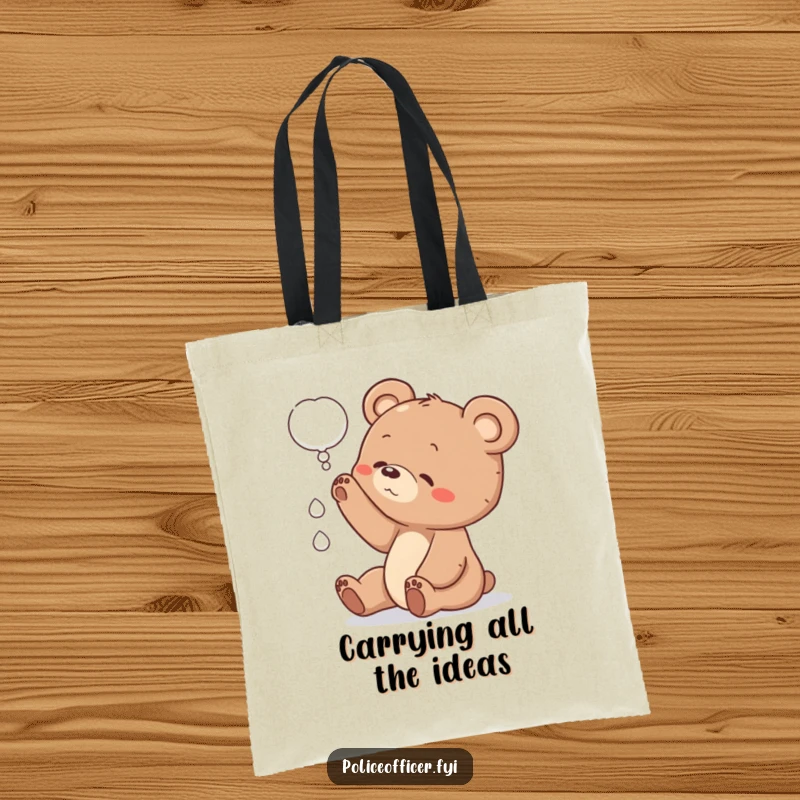 Funny bear cub tote bag with a cub reaching for a thought bubble, perfect for carrying essentials with a quirky, curious vibe.