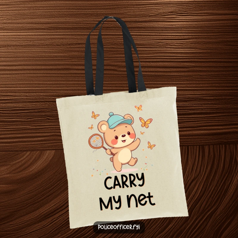 Funny Bear Cub Tote Bag with a cheerful cub wearing a jaunty cap, happily chasing butterflies with a net, a funny and practical accessory.