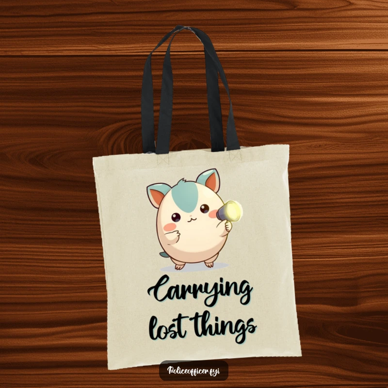 Funny tote bag with a small, round creature holding a tiny flashlight, perfect for carrying essentials on any adventure.
