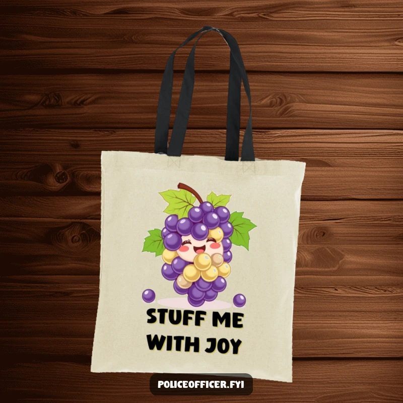 Funny Tote Bag: A smiling bunch of grapes happily bouncing, radiating infectious joy and fruity fun for everyday use.