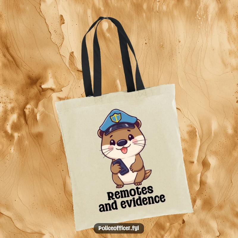 Funny otter cop with a hat and remote, smiling cheerfully, on a durable tote bag for carrying daily items.