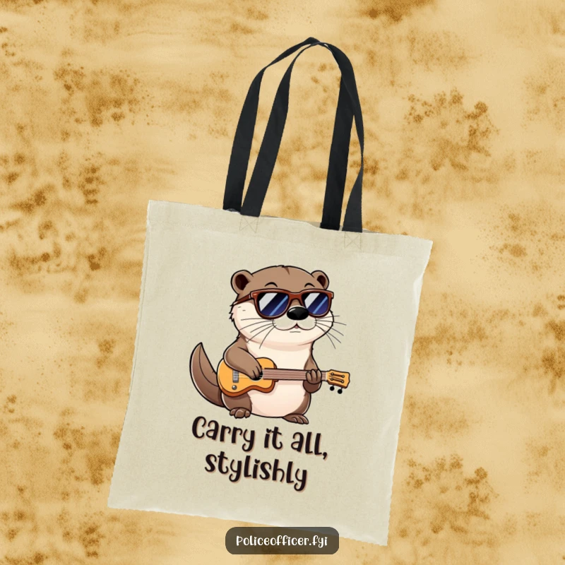Funny tote bag with a cool otter wearing shades and a confident smirk, playing a miniature instrument for musical flair.