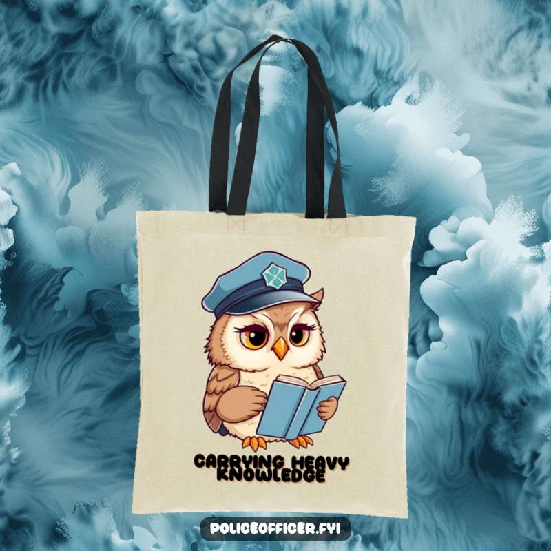 Funny Owl Tote Bag depicting a wise officer reading a book with a concerned expression, ideal for shopping and daily use.