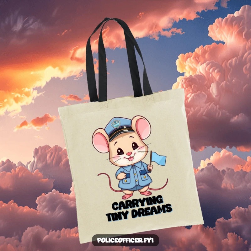 Funny smiling mouse police officer tote bag, holding a small flag, stylish and humorous accessory.