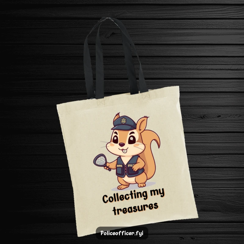 Funny Tote Bag showing a determined squirrel in a tiny police vest, holding a tiny net aloft, ready to capture any stray nuts.