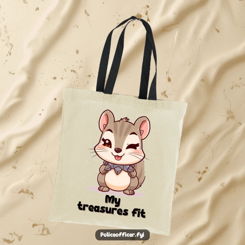 Funny tote bag with a mischievous squirrel wearing a tiny spiked collar and a cheeky wink, ready for any adventure.