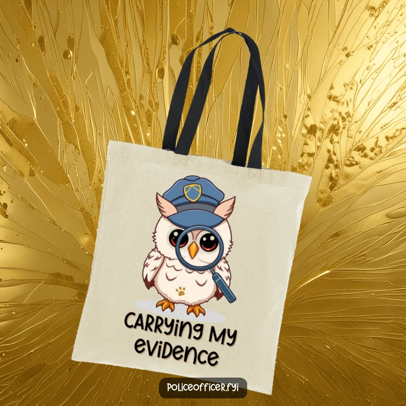 Funny Tote Bag showing a wise owl in a police cap, peering through a magnifying glass at a tiny footprint, uncovering secrets.