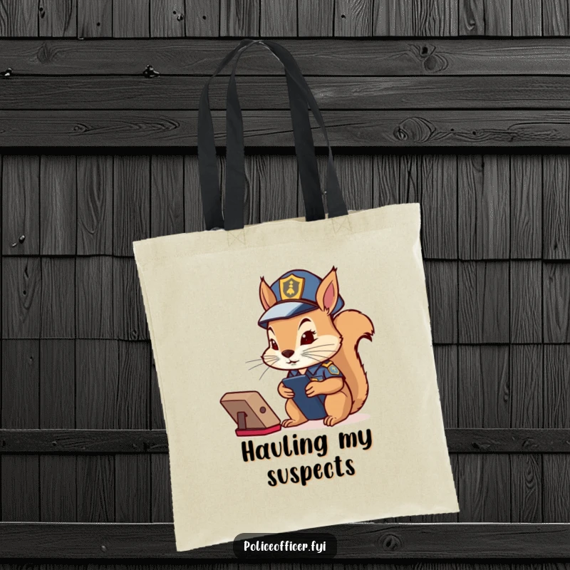 Funny Squirrel Cop Tote Bag: Determined squirrel in police costume intently watching a remote control, great for carrying essentials.