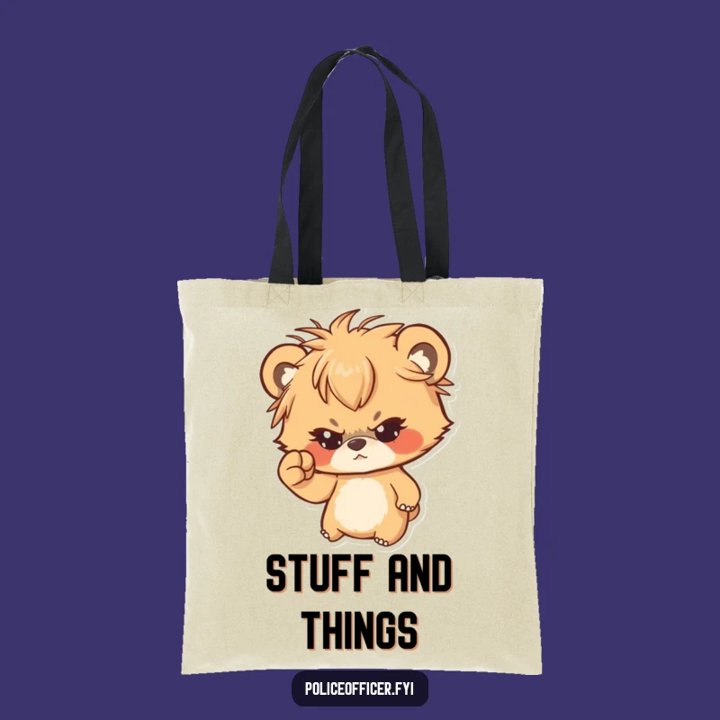 Funny Bear Cub Tote Bag: Messy Hair Determined Cub Shaking Fist - Eco-Friendly Fun Gift